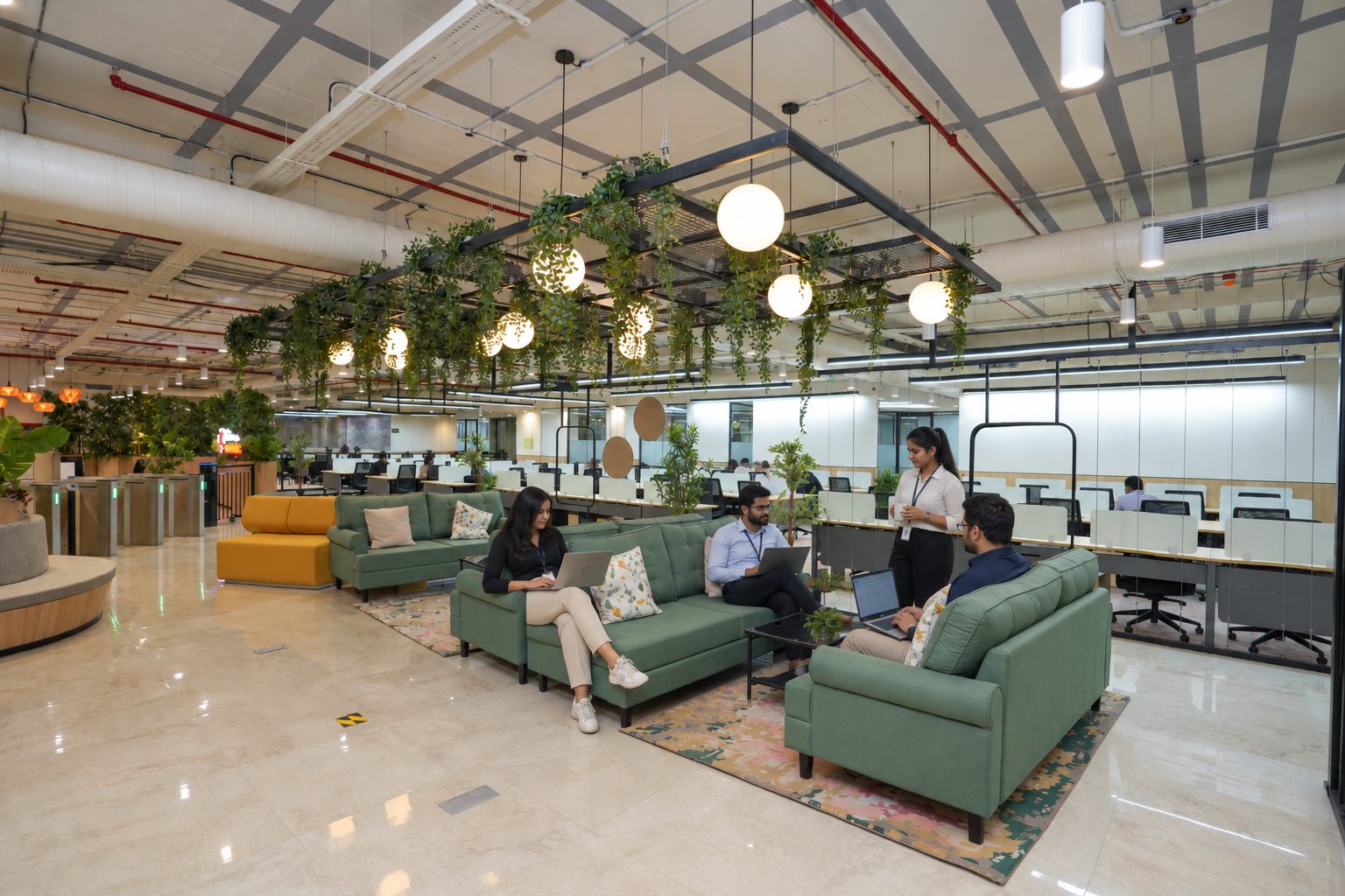BHIVE lounge seating area with hanging planters