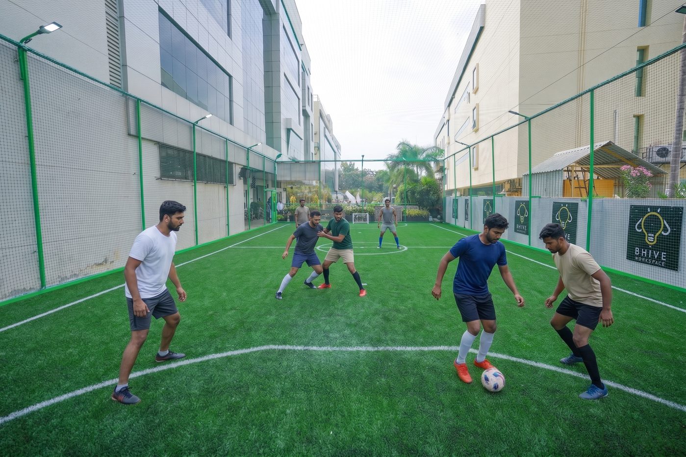 Outdoor turf football court at a BHIVE campus