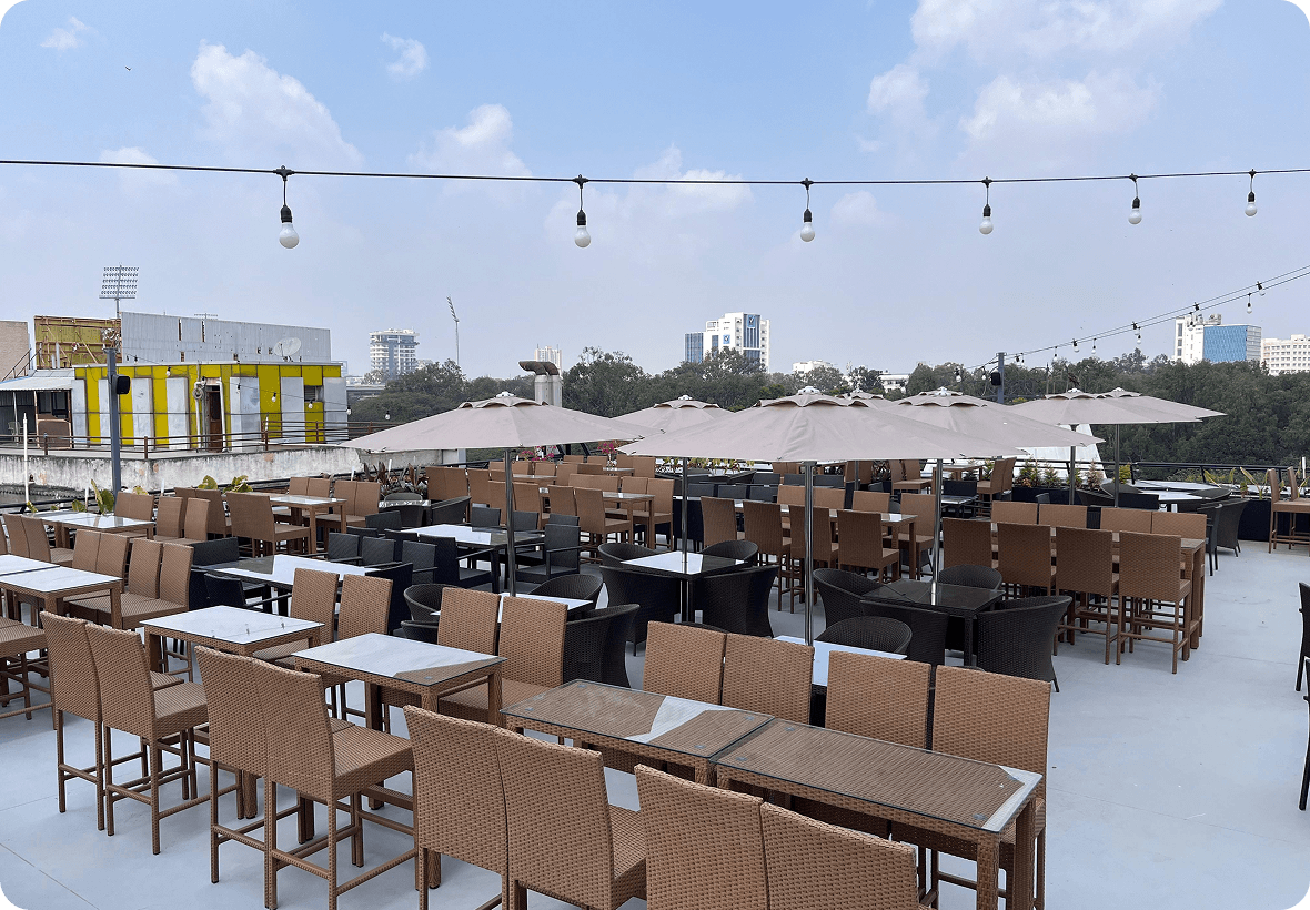Premium rooftop common area with seating at BHIVE Bangalore