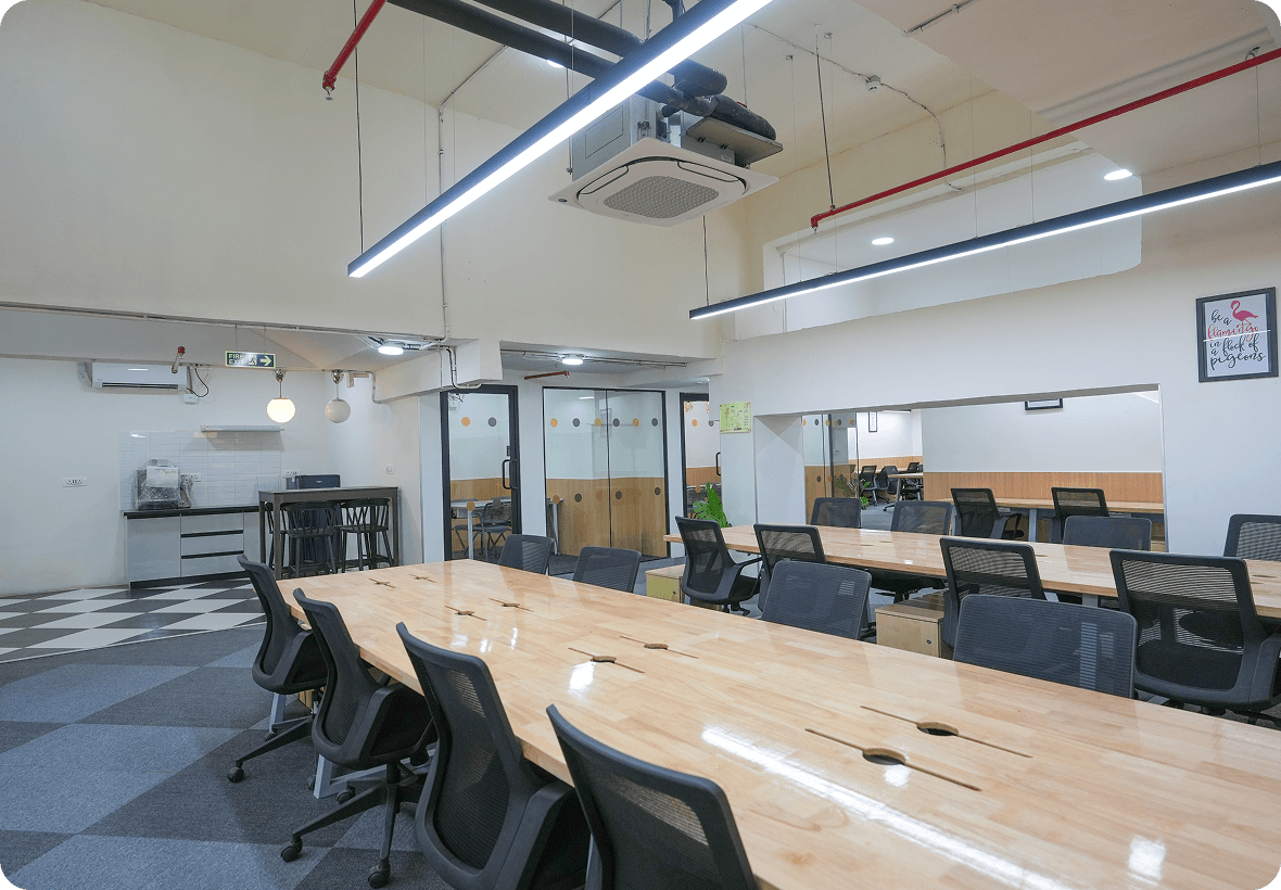 BHIVE office space with shared desks, pantry, and meeting rooms