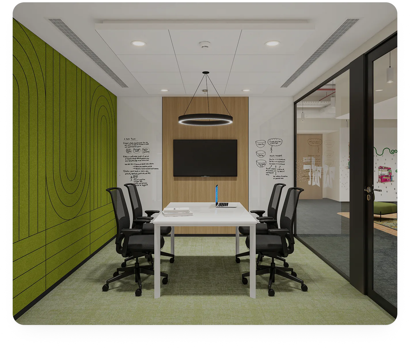 Meeting room equipped for presentations and client meetings